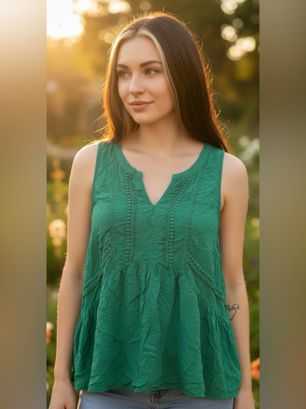 Merona Green Floral Sleeveless Blouse Size Large